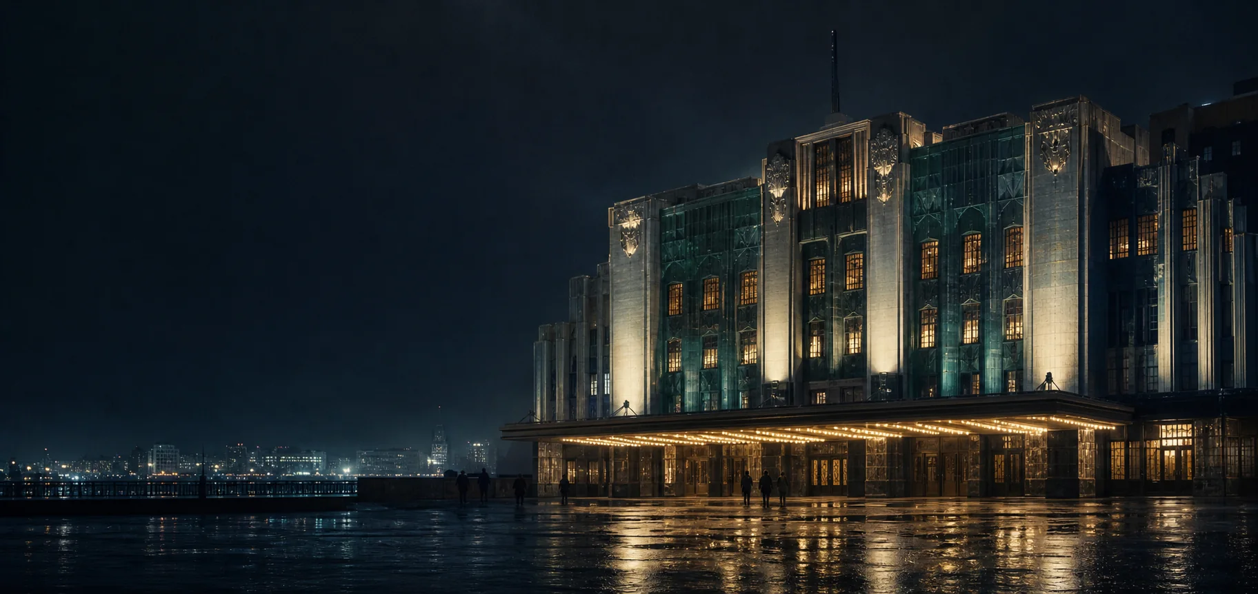 Fictional monumental resort architecture illuminated after rain