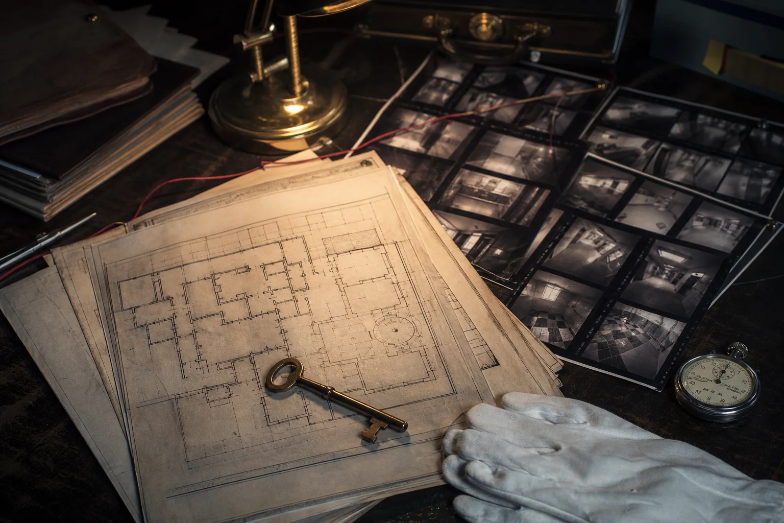 Architectural plans, a key and security contact sheets on an investigator's table